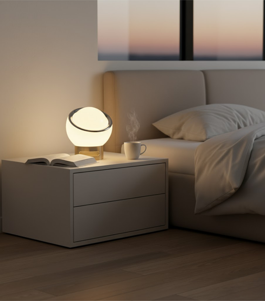 French Opal | Lampa Stołowa Bauhaus z Opalowego Szkła i Stali Nierdzewnej