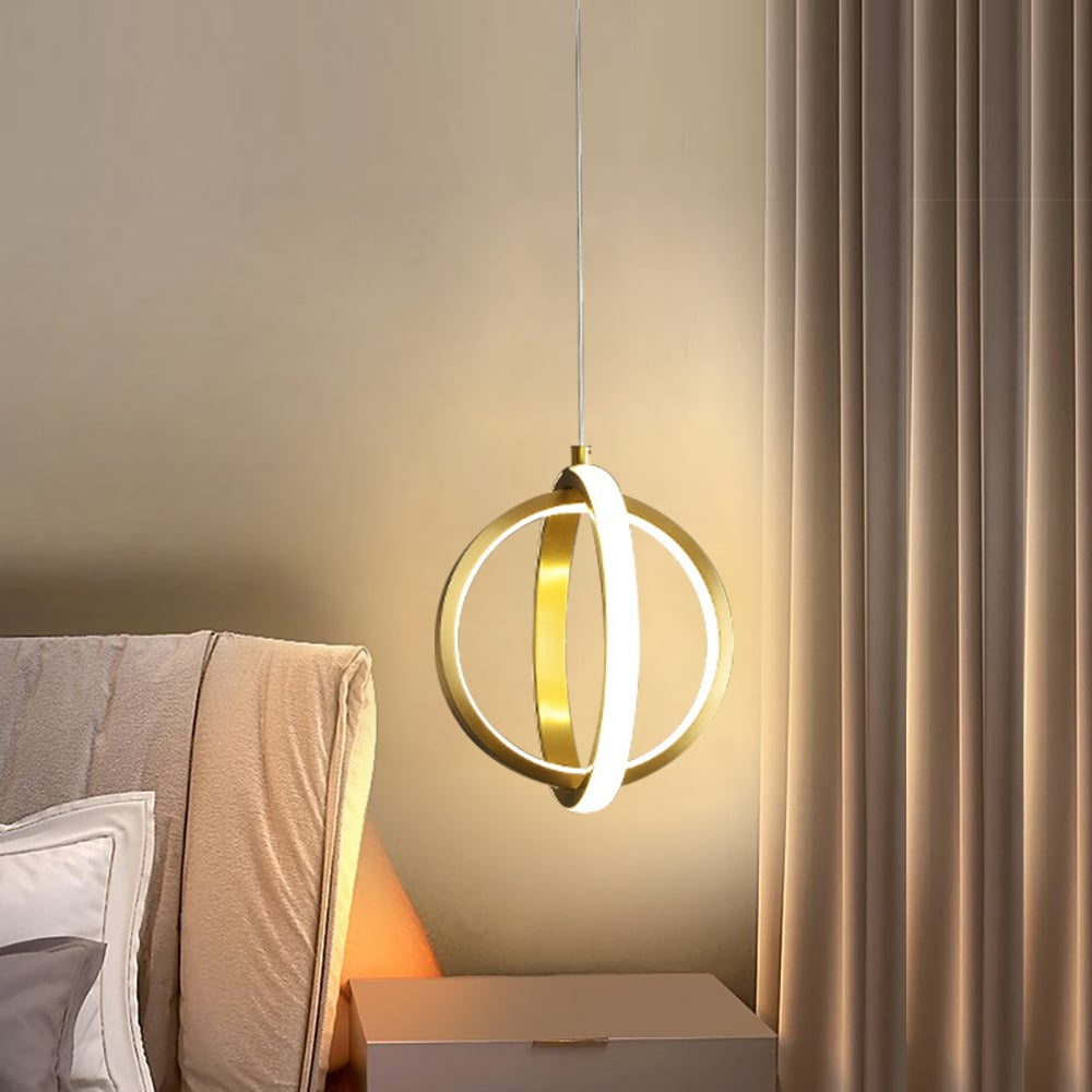 Złota geometryczna lampa wisząca LED z 2 pierścieniami w kolorze mosiądzu