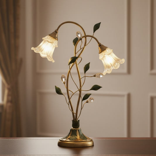 Francuska Lampa Stołowa Kwiatowa – Styl Vintage, Kryształ i Szkło, Gniazdo E14