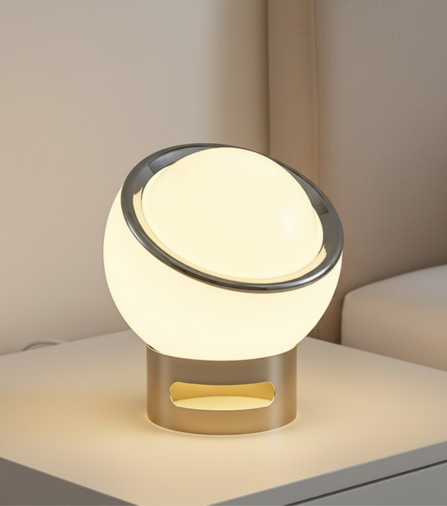 French Opal | Lampa Stołowa Bauhaus z Opalowego Szkła i Stali Nierdzewnej