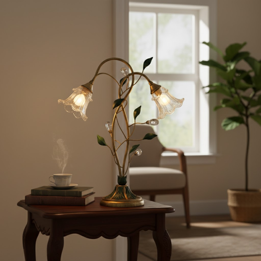 Francuska Lampa Stołowa Kwiatowa – Styl Vintage, Kryształ i Szkło, Gniazdo E14