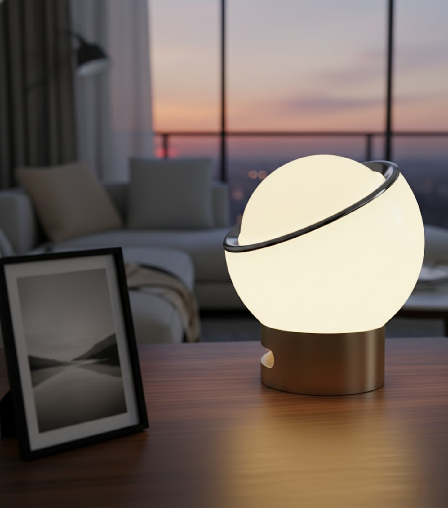 French Opal | Lampa Stołowa Bauhaus z Opalowego Szkła i Stali Nierdzewnej