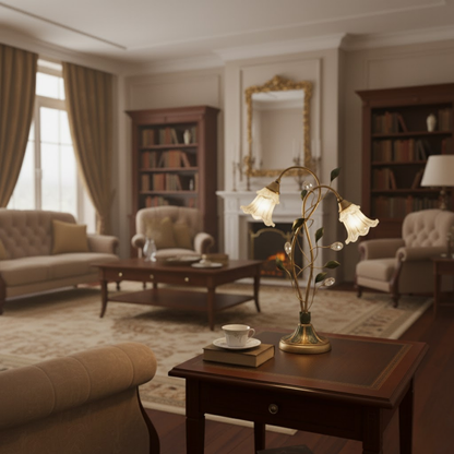 Francuska Lampa Stołowa Kwiatowa – Styl Vintage, Kryształ i Szkło, Gniazdo E14