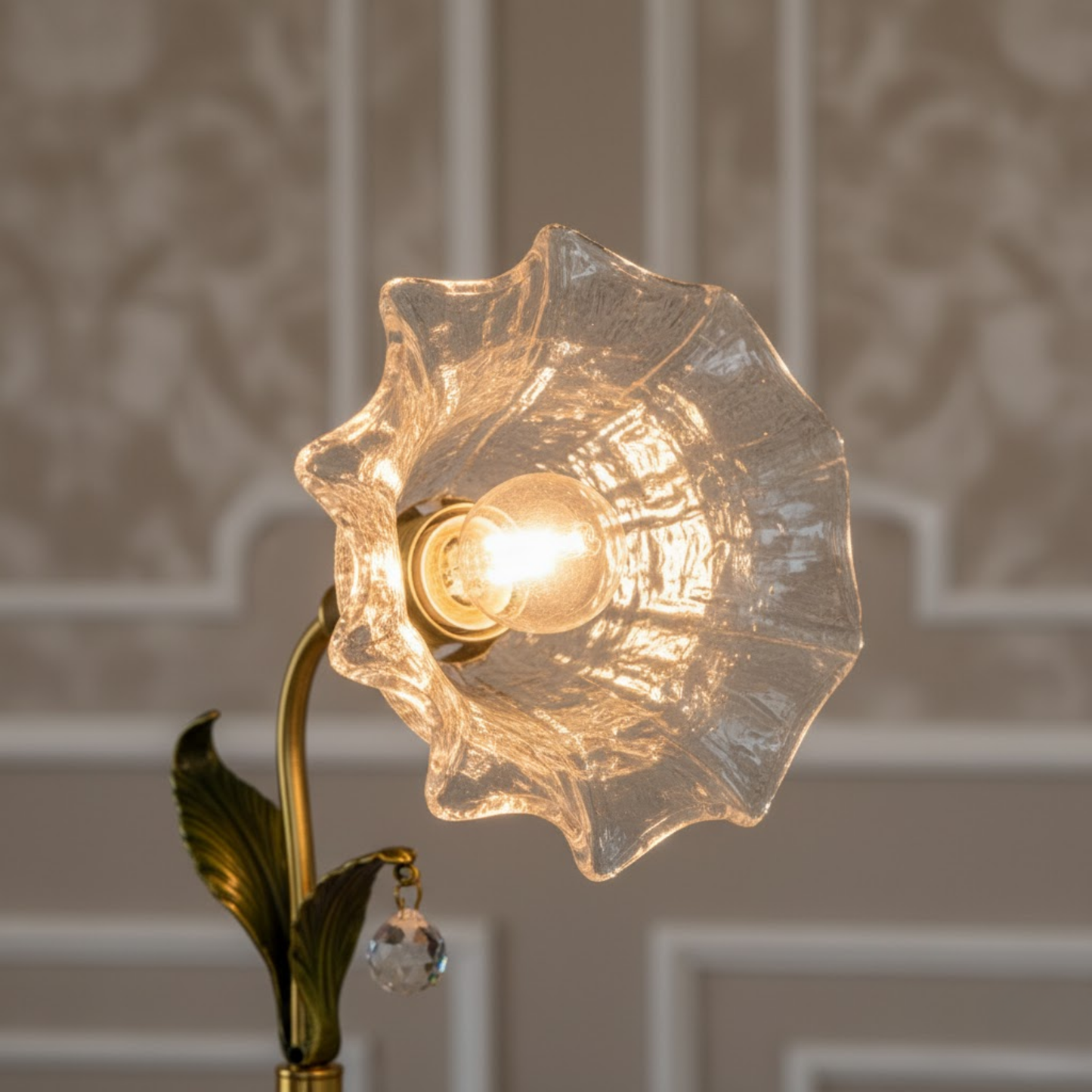 Francuska Lampa Stołowa Kwiatowa – Styl Vintage, Kryształ i Szkło, Gniazdo E14