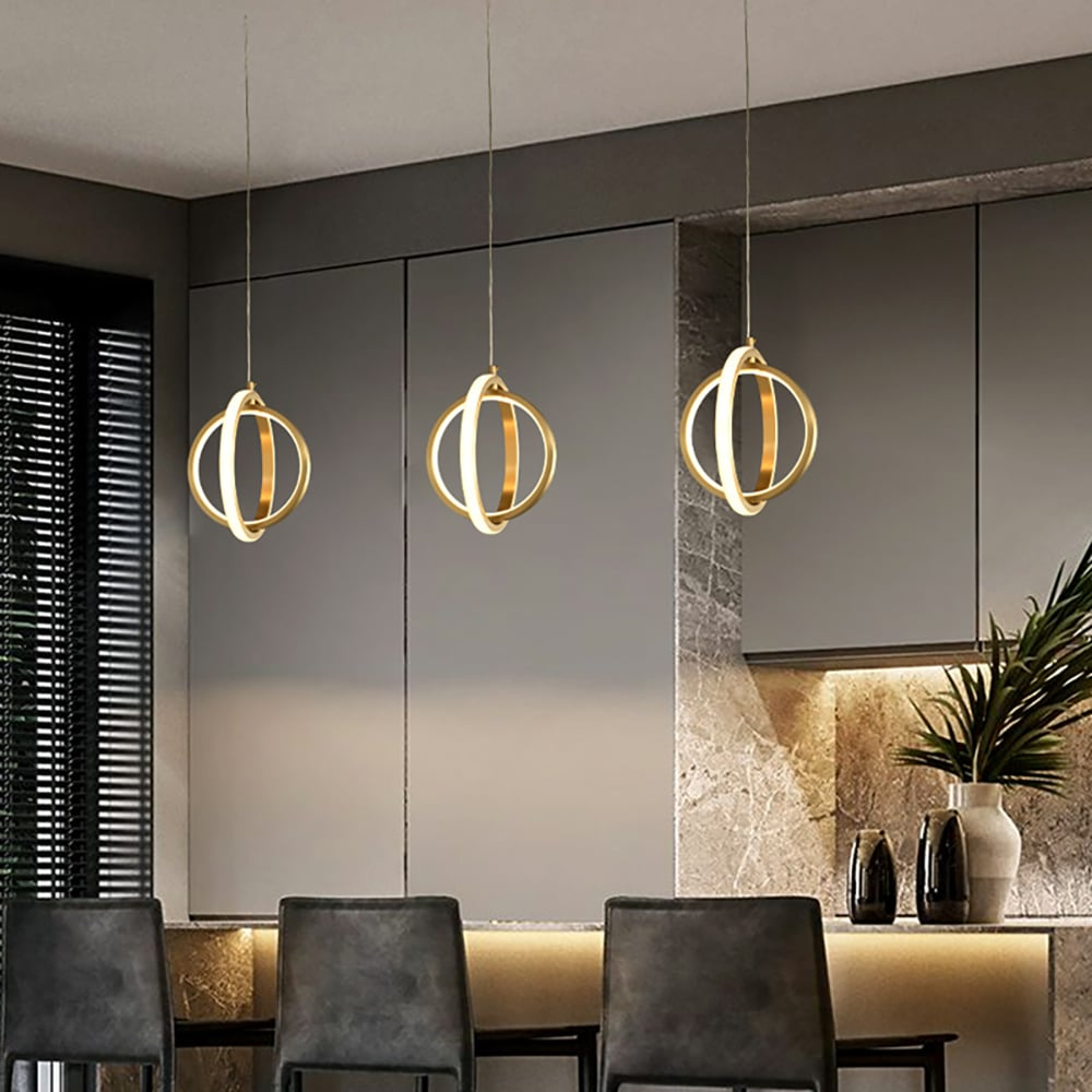 Złota geometryczna lampa wisząca LED z 2 pierścieniami w kolorze mosiądzu