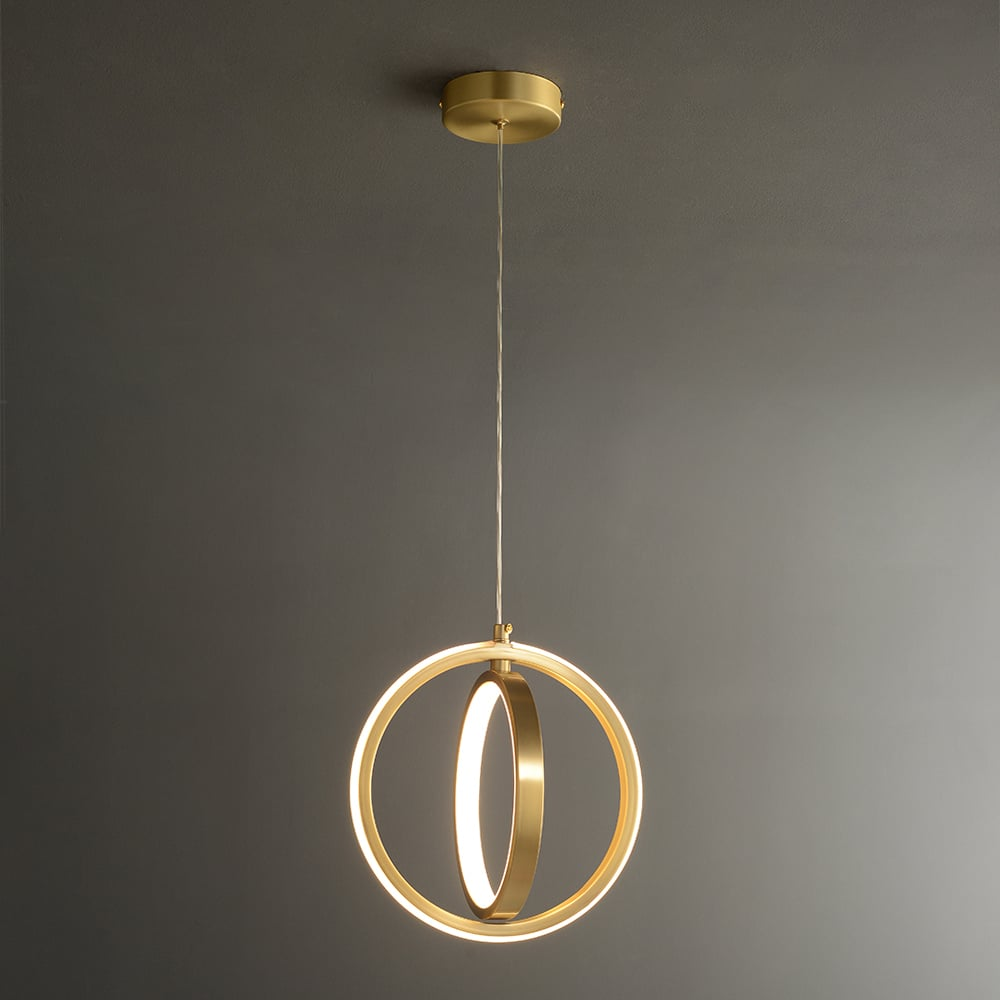 Złota geometryczna lampa wisząca LED z 2 pierścieniami w kolorze mosiądzu