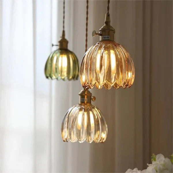 Japońska Retro Szklana Lampa Wisząca Kwiatowa
